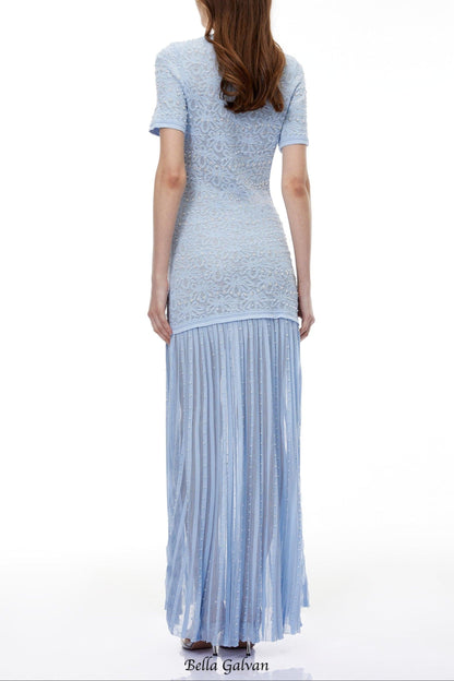 pandora Embellished Pleated Maxi Dress - blue