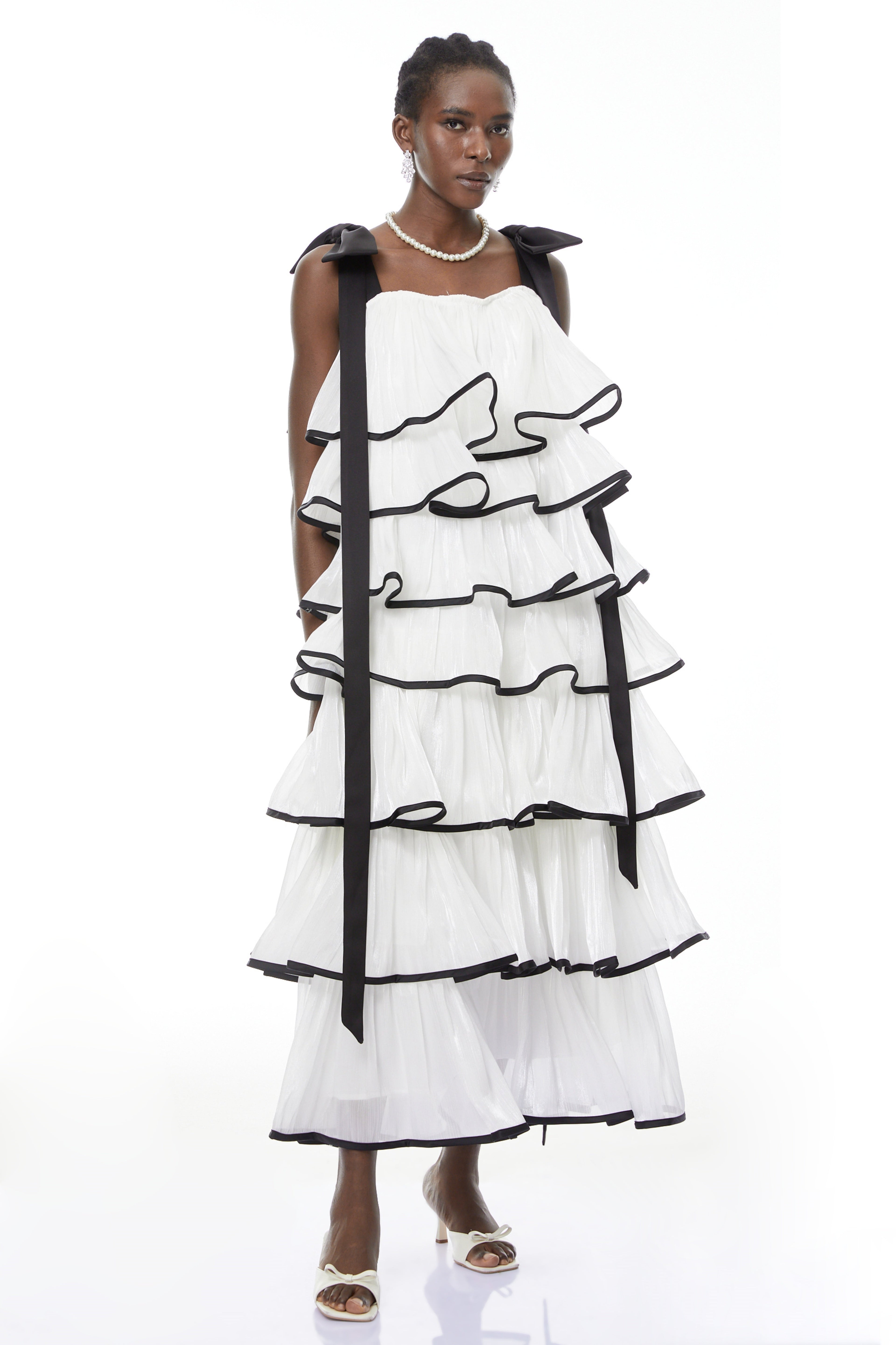 Mandy White Layer Ruffled Maxi Dress With Bows