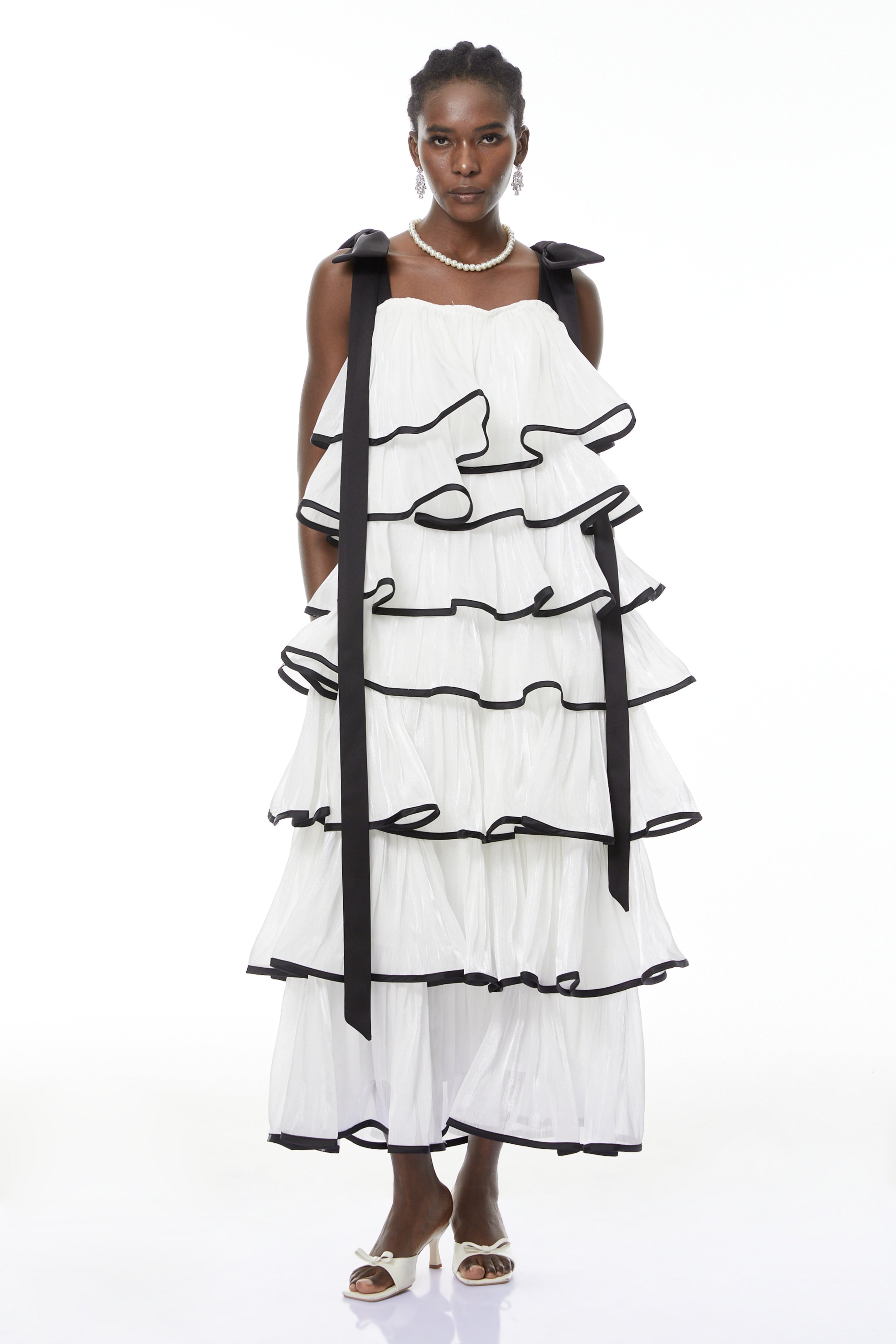 mandy White layer Ruffled Maxi Dress with Bows