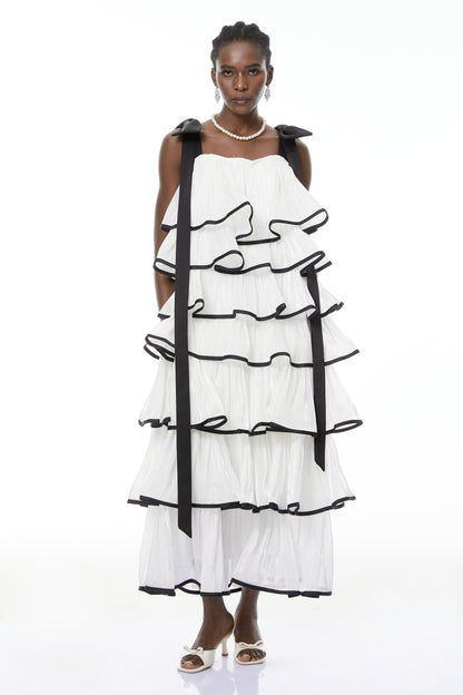 mandy White layer Ruffled Maxi Dress with Bows