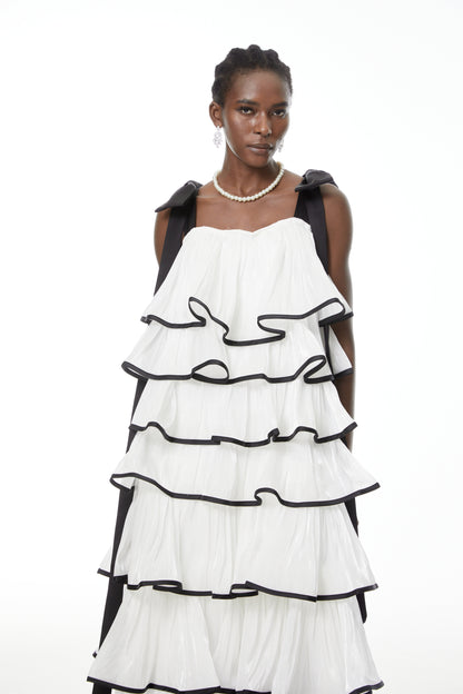 mandy White layer Ruffled Maxi Dress with Bows