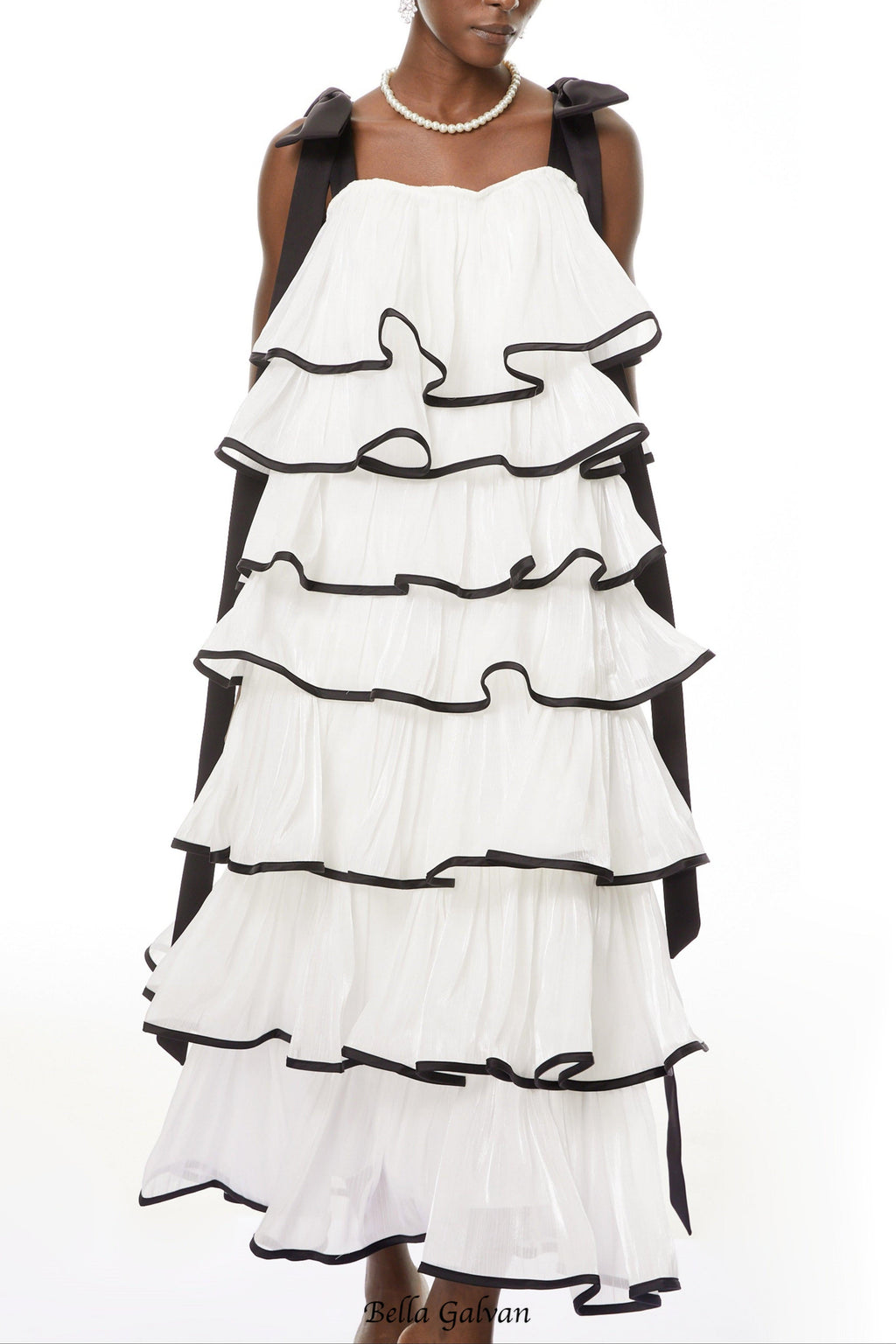 mandy White layer Ruffled Maxi Dress with Bows