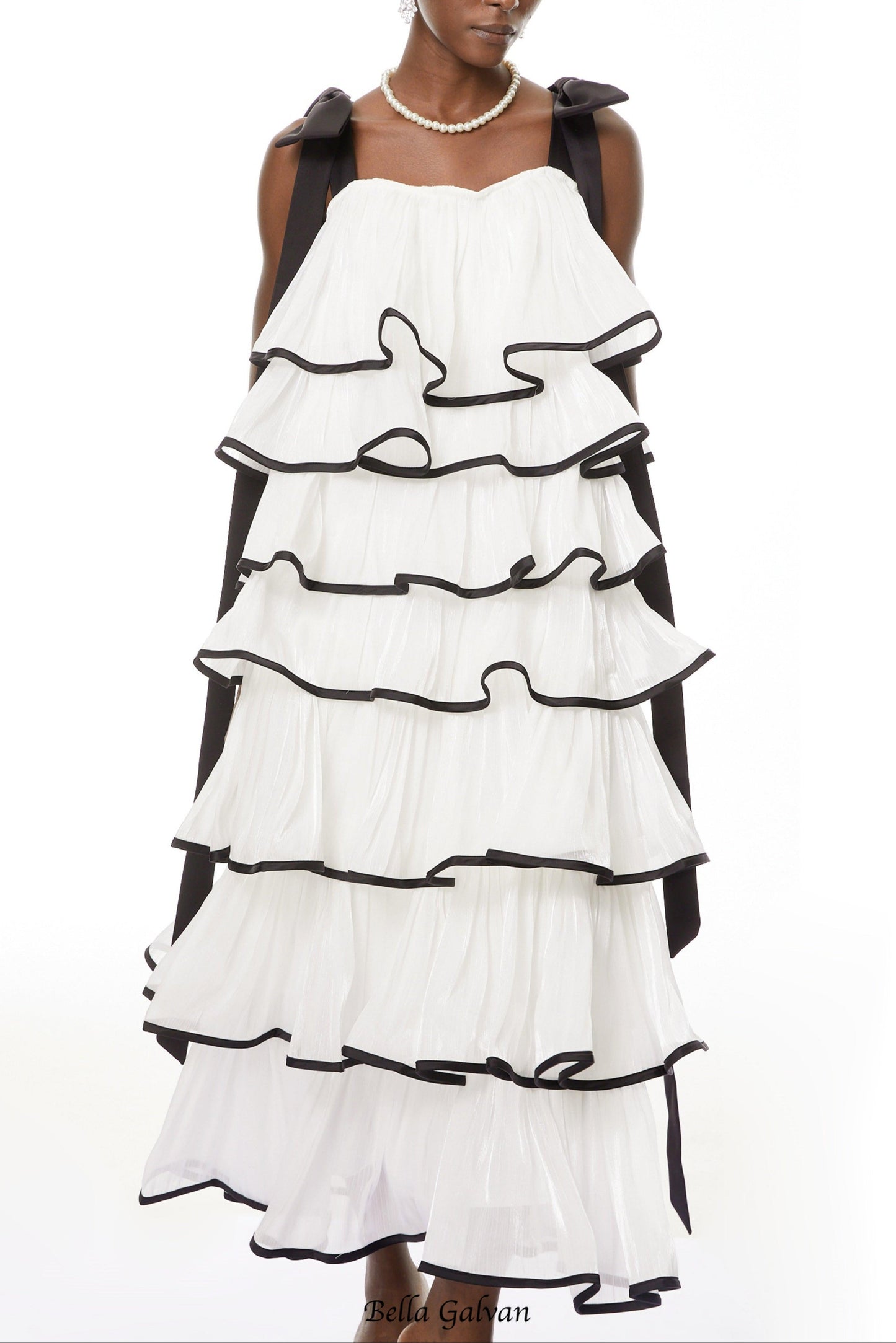 mandy White layer Ruffled Maxi Dress with Bows