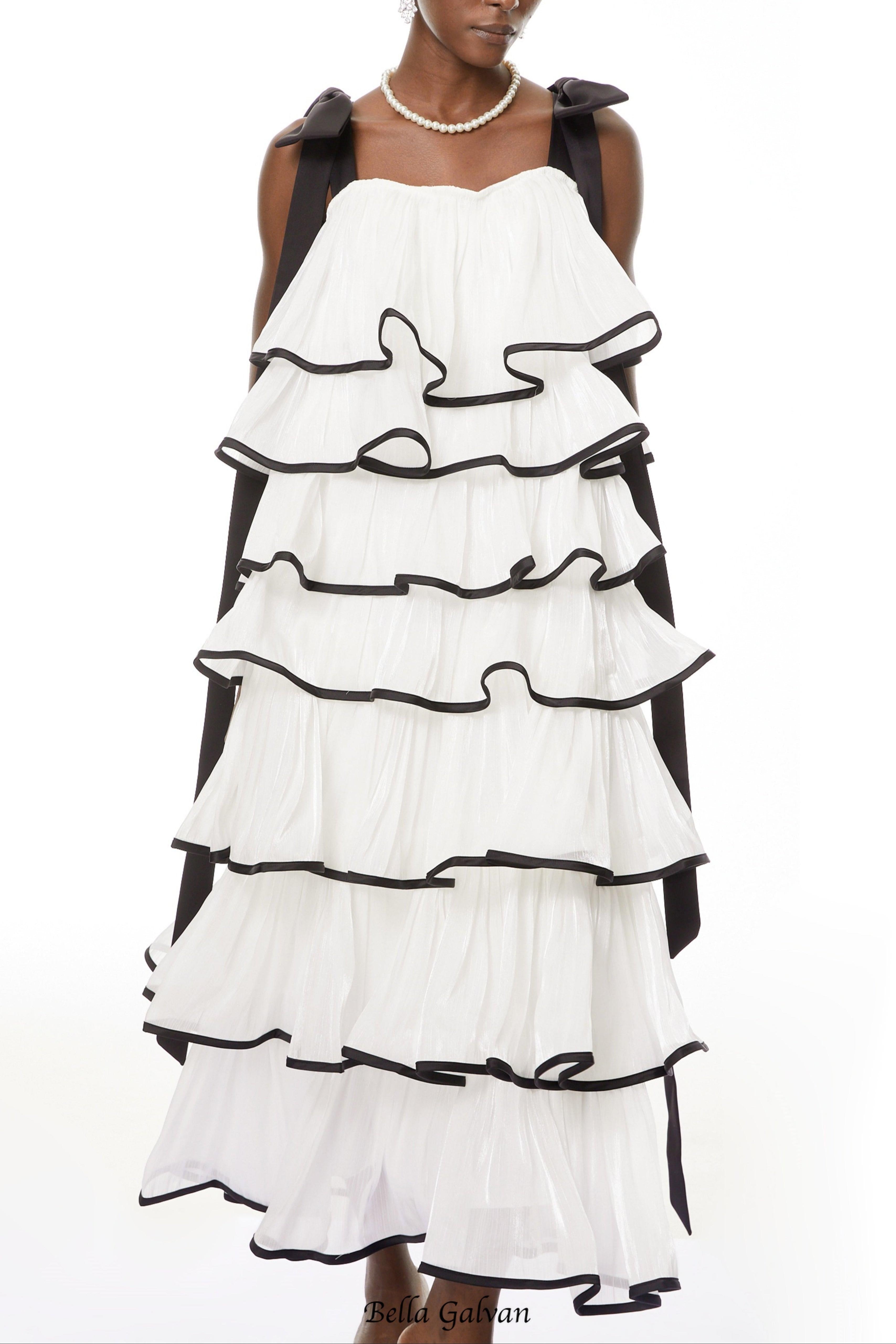 mandy White layer Ruffled Maxi Dress with Bows