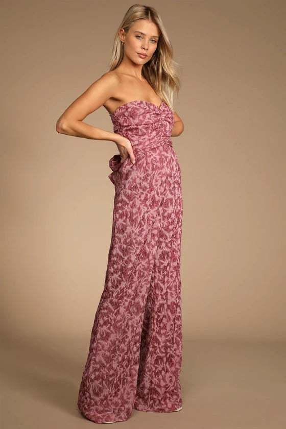 Flowering Girl Women Organza Ruched Strapless Wide-Leg Jumpsuit