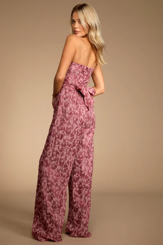 Flowering Girl Women Organza Ruched Strapless Wide-Leg Jumpsuit
