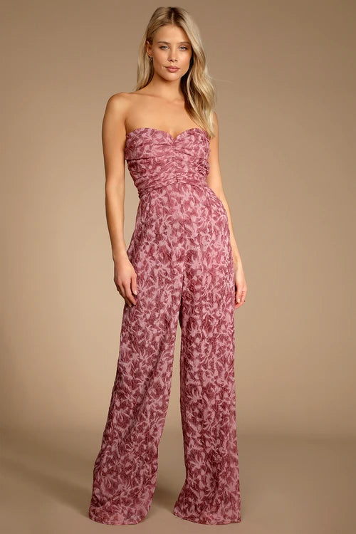 Flowering Girl Women Organza Ruched Strapless Wide-Leg Jumpsuit