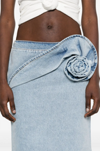 Flowering Girl Women Laundra Floral Appliqué Denim Midi Skirt
