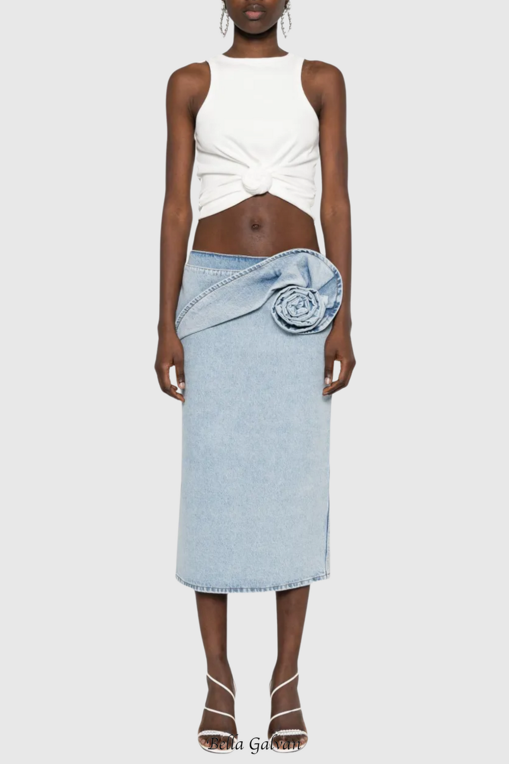 Flowering Girl Women xaviera Floral Appliqué Denim Midi Skirt
