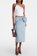 Flowering Girl Women Laundra Floral Appliqué Denim Midi Skirt