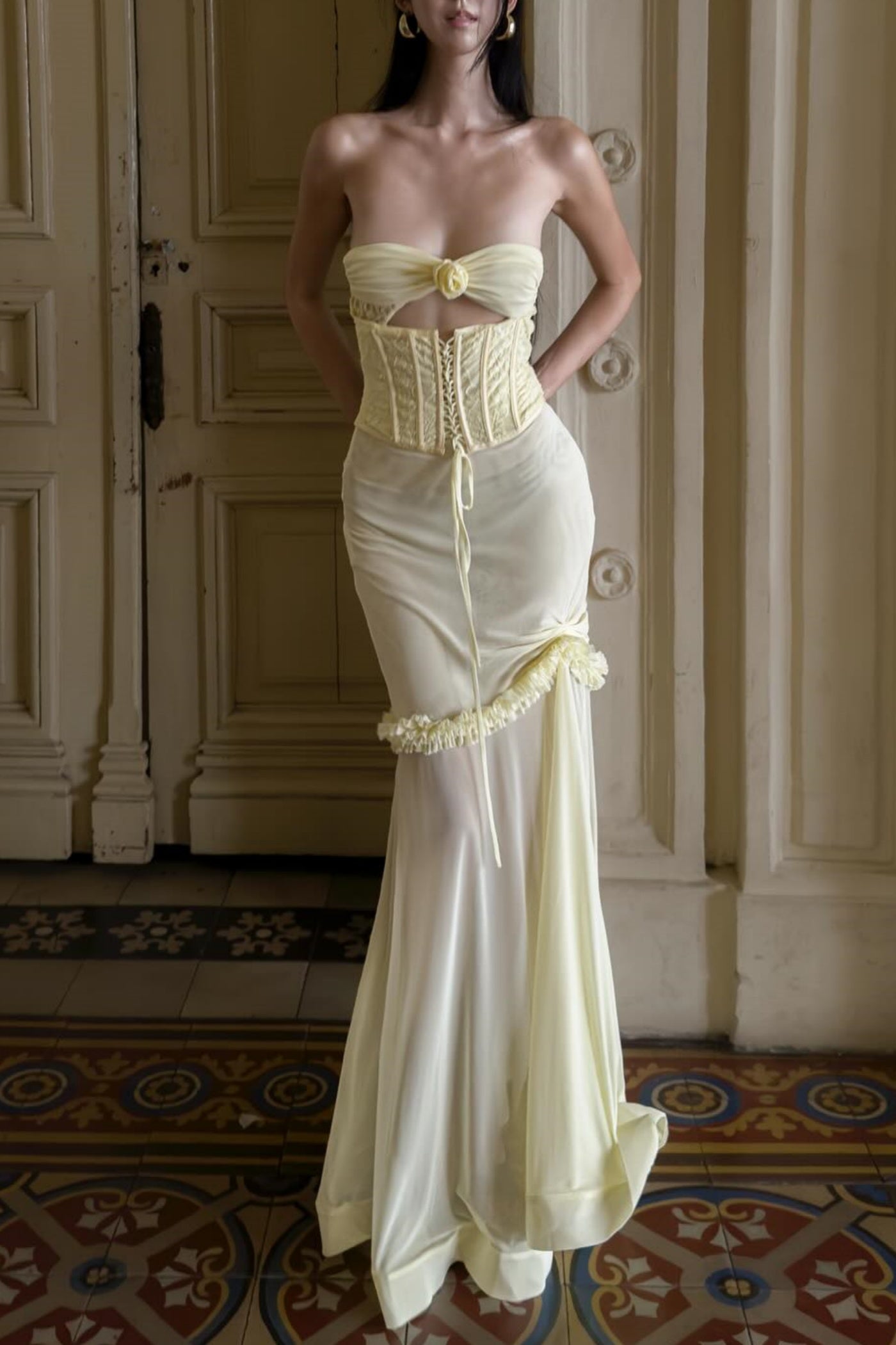 Flowering Girl Women Mesh Cutout Corset Maxi Dress - Yellow