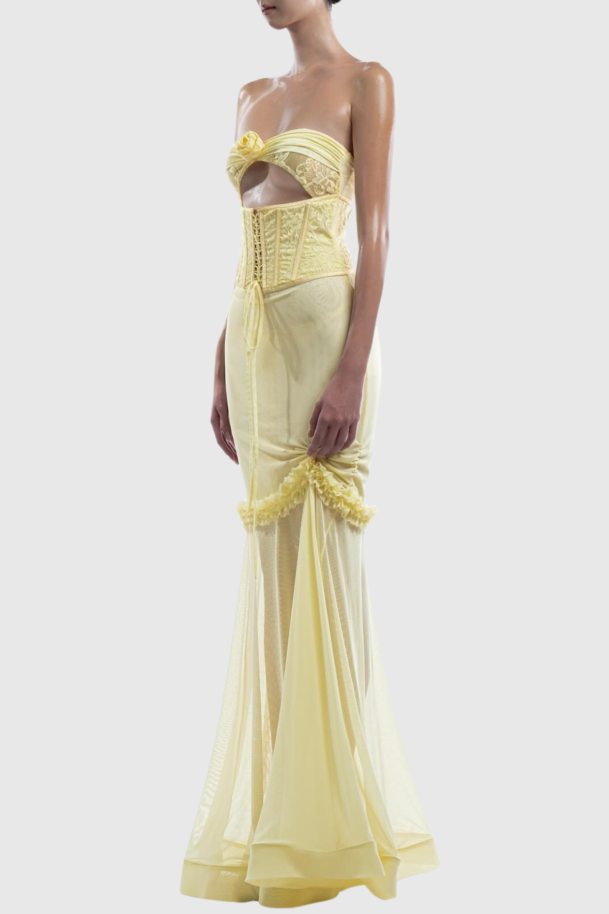 Flowering Girl Women Mesh Cutout Corset Maxi Dress - Yellow