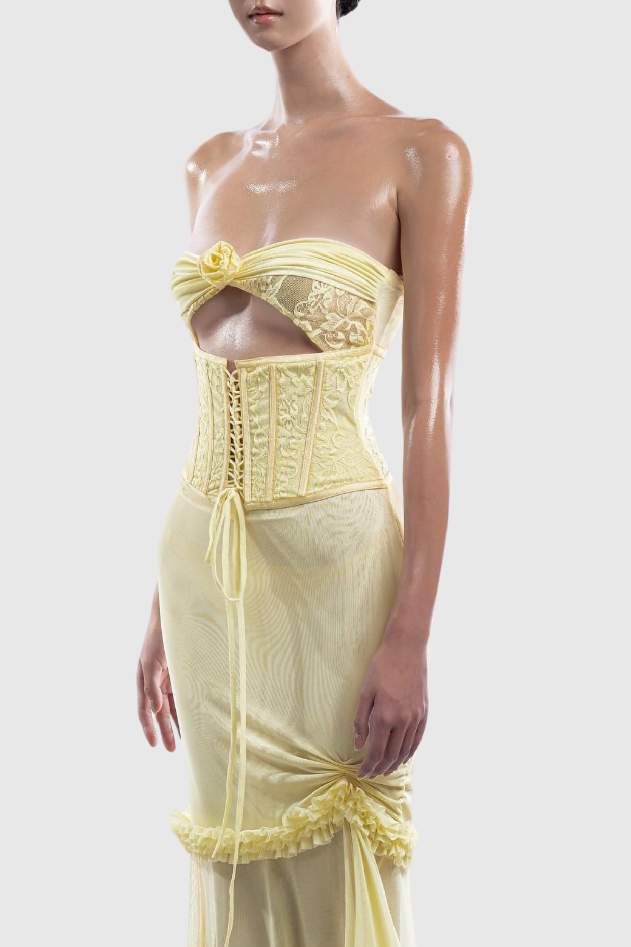 Flowering Girl Women Mesh Cutout Corset Maxi Dress - Yellow