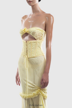 Mesh Cutout Corset Maxi Dress - Yellow