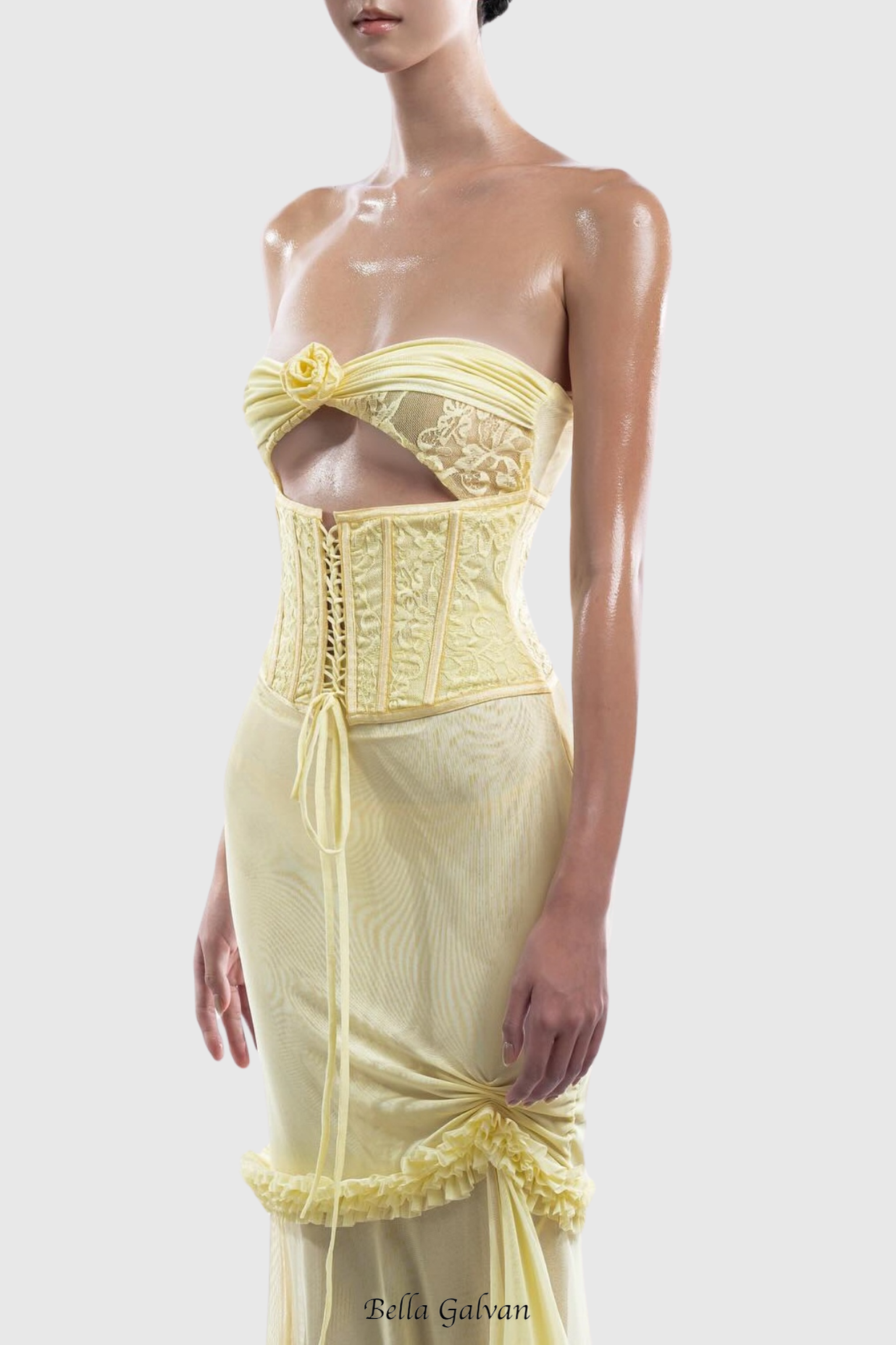 Mesh Cutout Corset Maxi Dress - Yellow