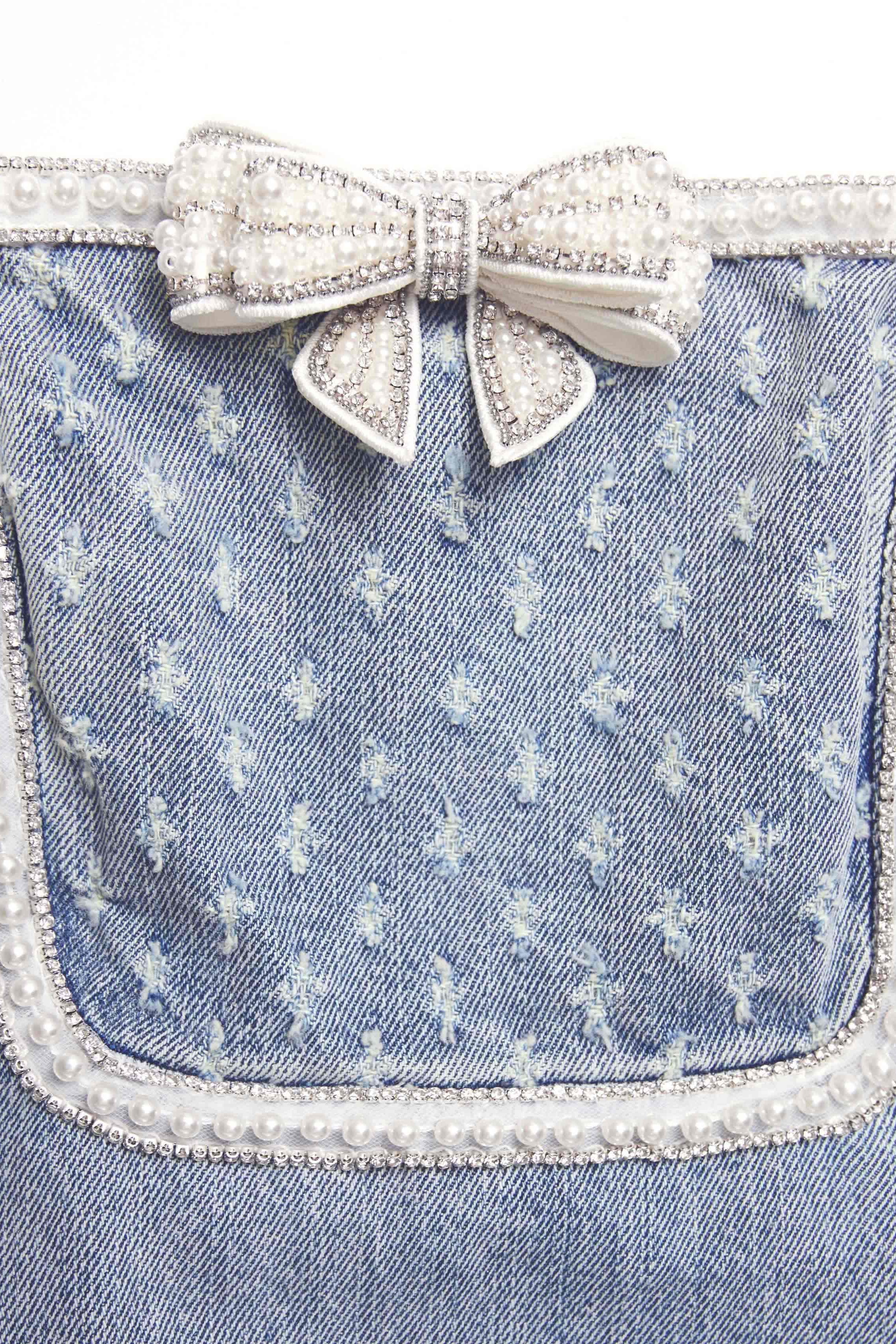 Flowering Girl Women Light Blue Denim Bow Mini Dress