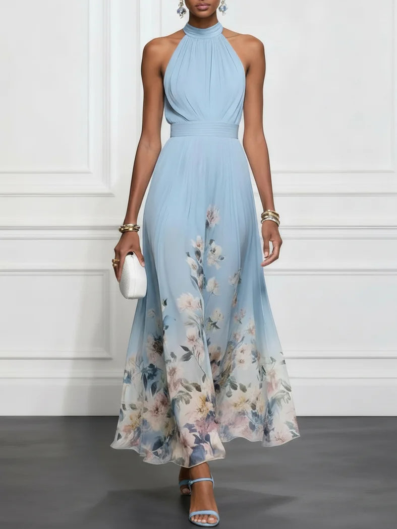 Flowering Girl Women Light Blue Floral Chiffon Halter Sleeveless Maxi Dress