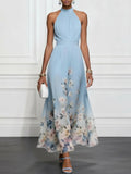 Flowering Girl Women Light Blue Floral Chiffon Halter Sleeveless Maxi Dress