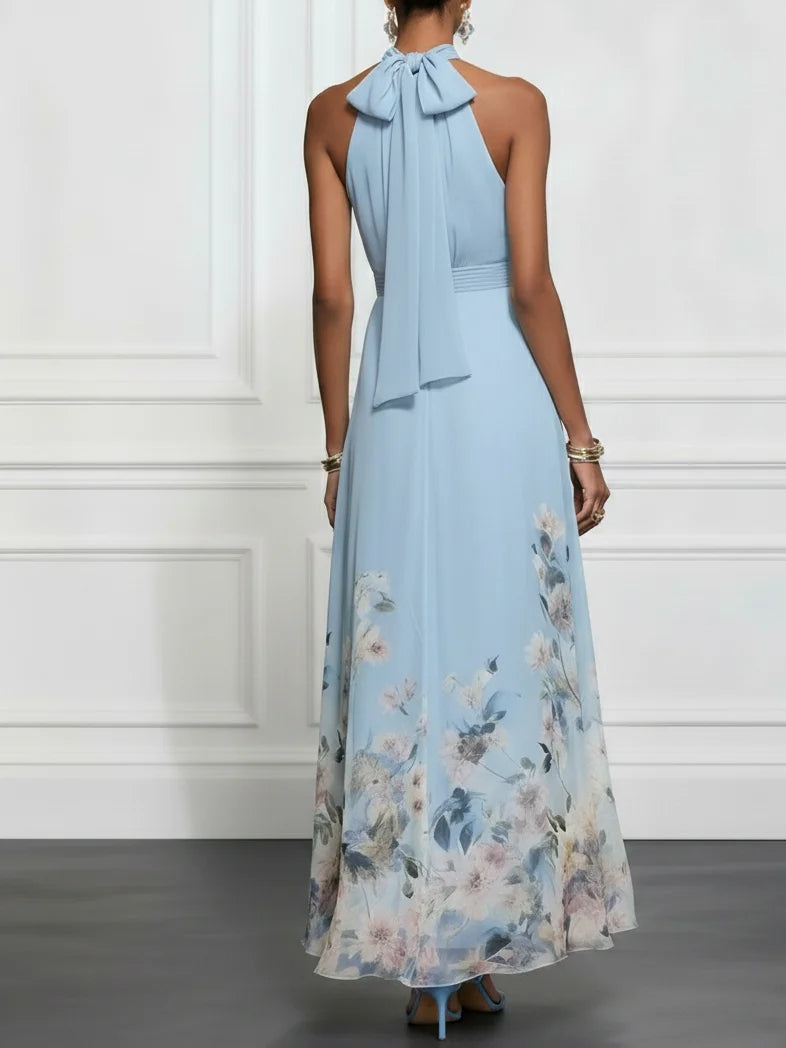 Flowering Girl Women Light Blue Floral Chiffon Halter Sleeveless Maxi Dress
