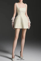 cora light yellow silk lined lacquered brocade mini dress