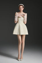 cora light yellow silk lined lacquered brocade mini dress