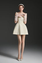 Cora Light Yellow Silk Lined Lacquered Brocade Mini Dress