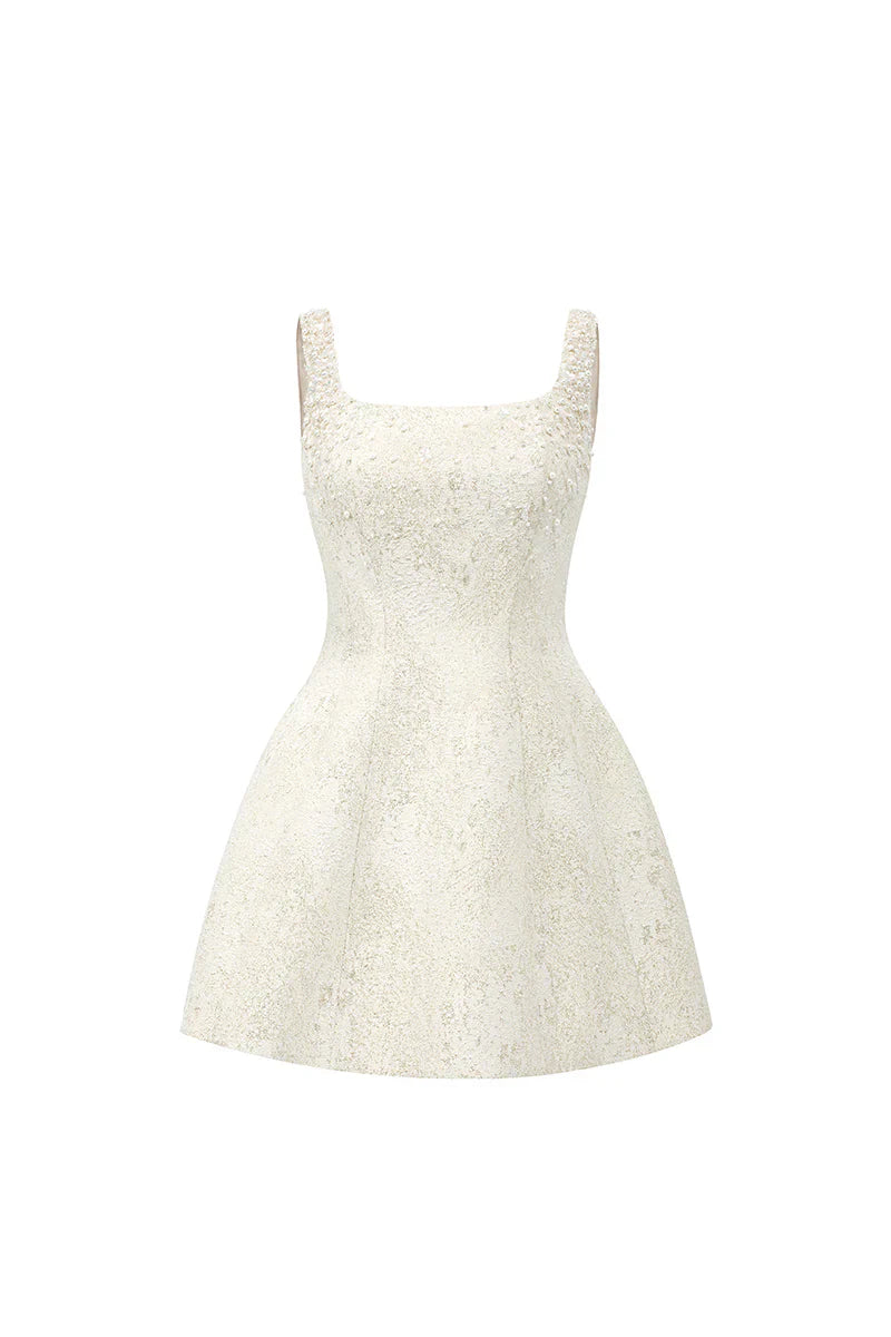 cora light yellow silk lined lacquered brocade mini dress