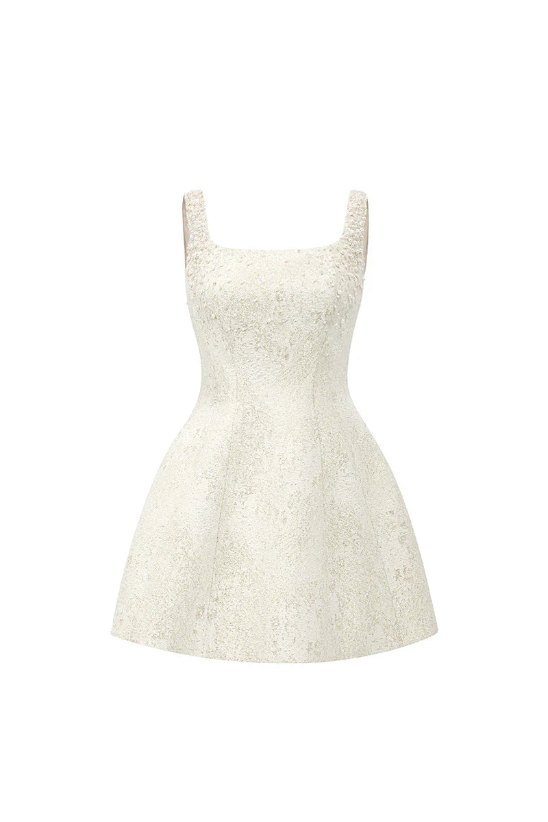 Cora Light Yellow Silk Lined Lacquered Brocade Mini Dress