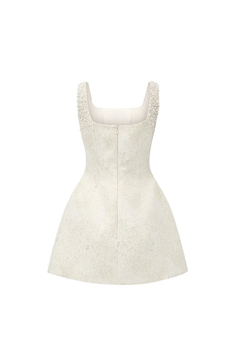 Cora Light Yellow Silk Lined Lacquered Brocade Mini Dress