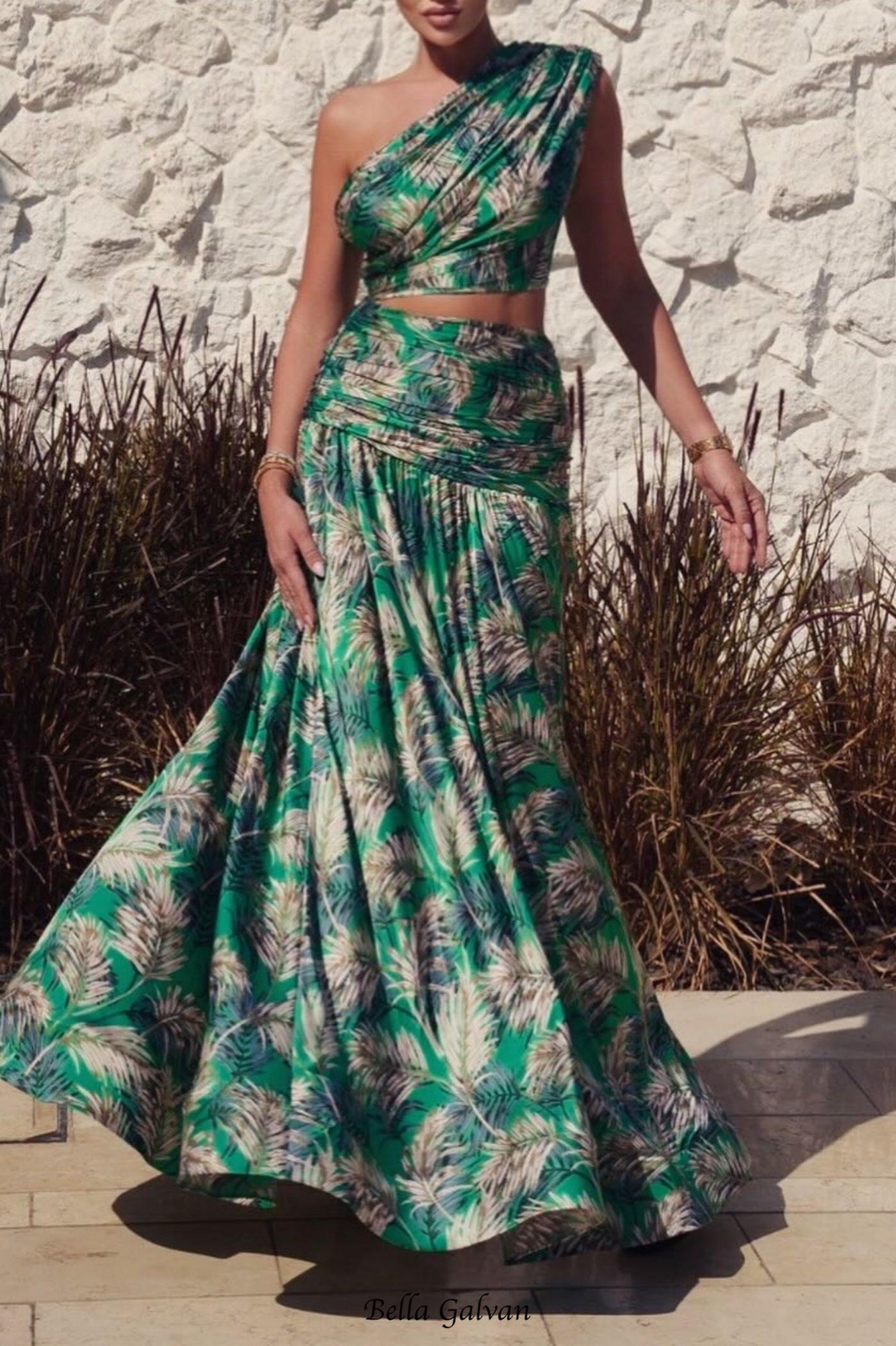 One Shoulder Leave Print Two Piece Set
