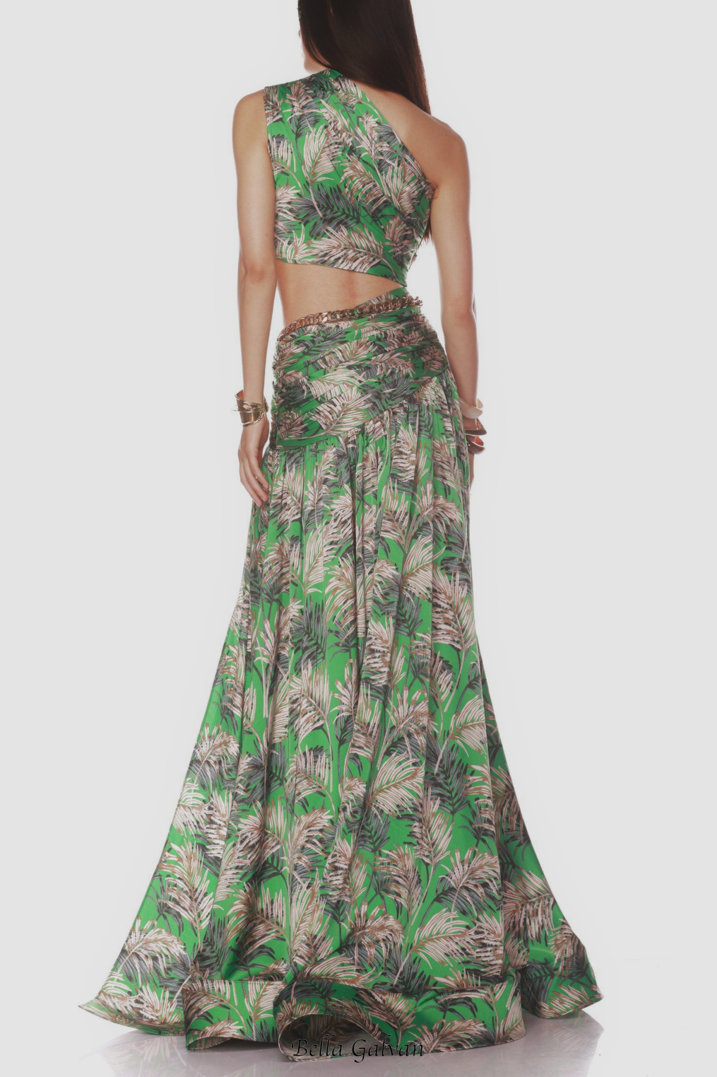 One Shoulder Leave Print Two Piece Set