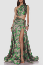 One Shoulder Leave Print Two Piece Set