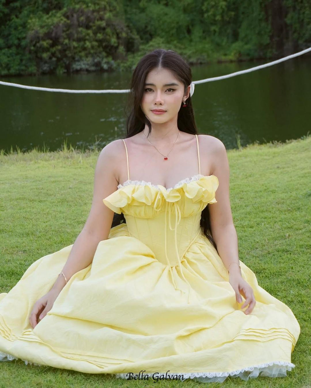 ruffle corset puffy maxi dress in yellow