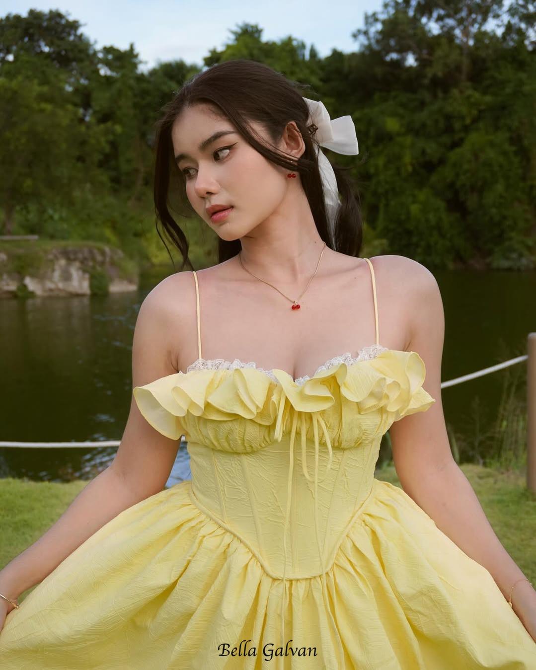ruffle corset puffy maxi dress in yellow