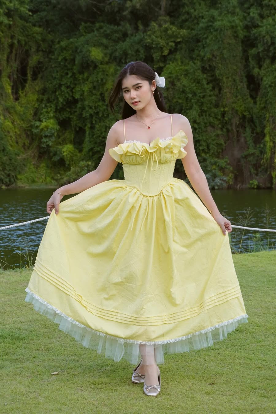 Flowering Girl Women Ruffle Corset Puffy Maxi Dress In Yellow