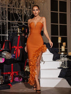 Flowering Girl Women Liwy Strapless Feather Spilt Bandage Dress