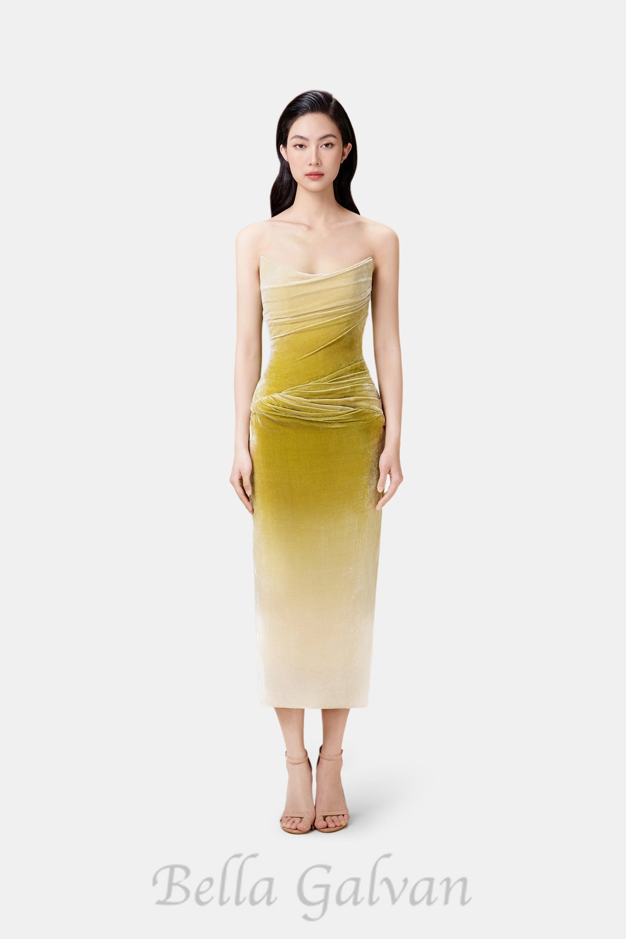 Flowering Girl Women ruched velvet strapless midi dress in green gradient
