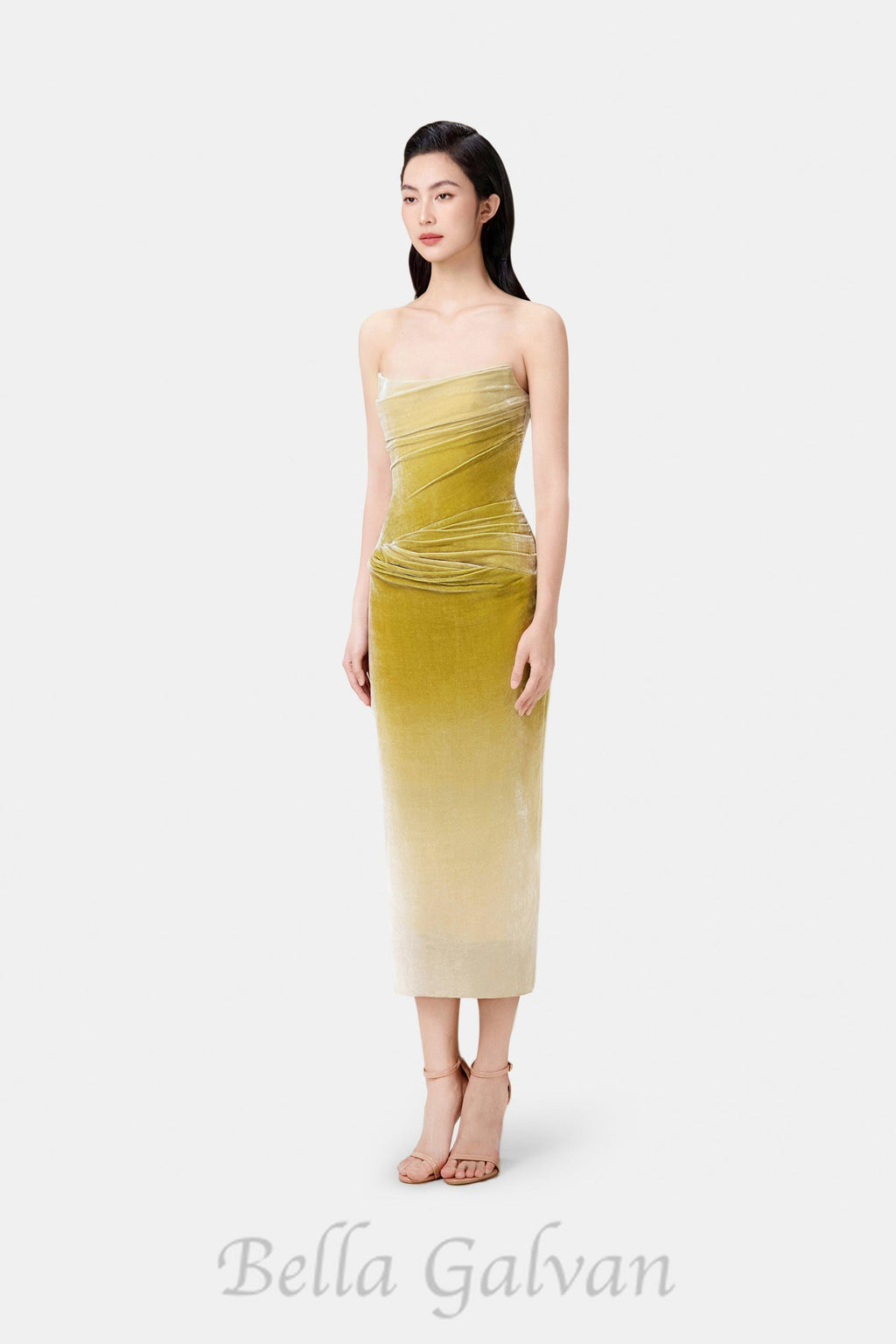 Flowering Girl Women ruched velvet strapless midi dress in green gradient