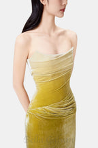 Flowering Girl Women ruched velvet strapless midi dress in green gradient