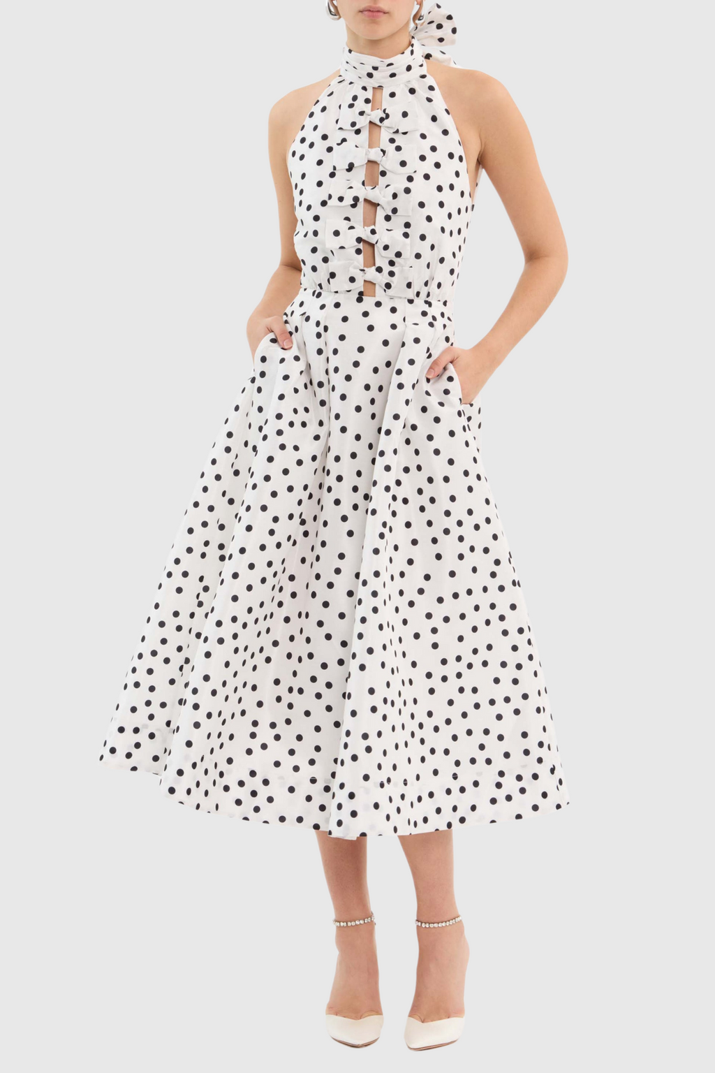 Flowering Girl Women Londa Halter Polka Dot Bow Cutout Midi Dress