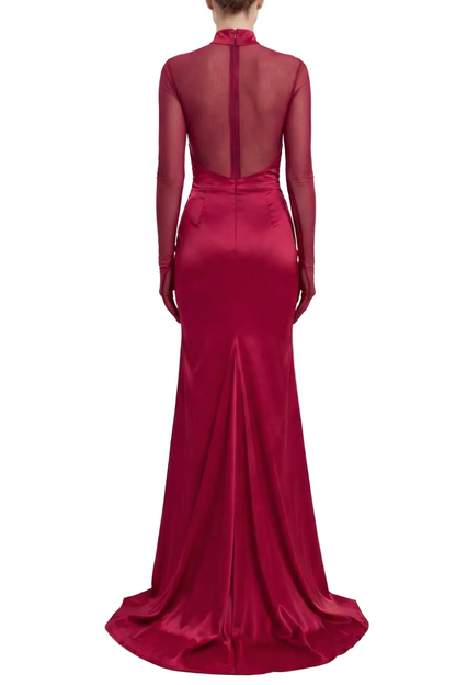 Lorere Mesh Satin Long Sleeve Maxi Dress