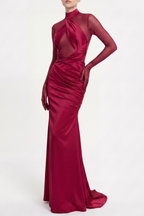 Flowering Girl Women Lorere Mesh Satin Long Sleeve Maxi Dress