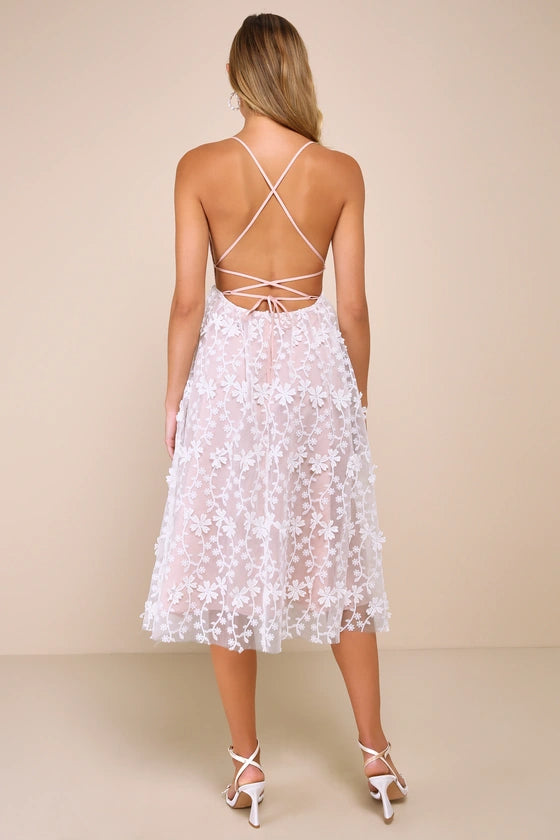 Flowering Girl Women 3D Floral Applique Midi Dress In White