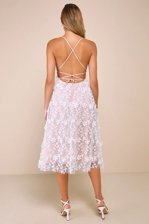 3D Floral Applique Midi Dress In White