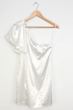 Flowering Girl Women White Satin One-Shoulder Mini Dress