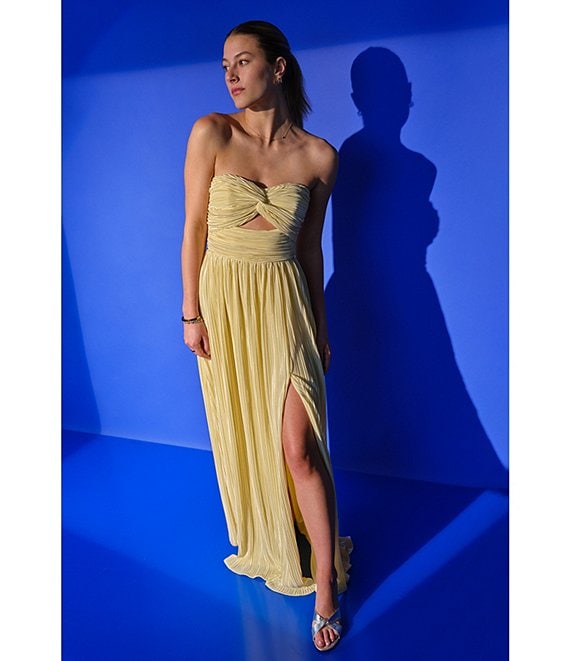 Flowering Girl Women Strapless Pleated Maxi Dress Lemon