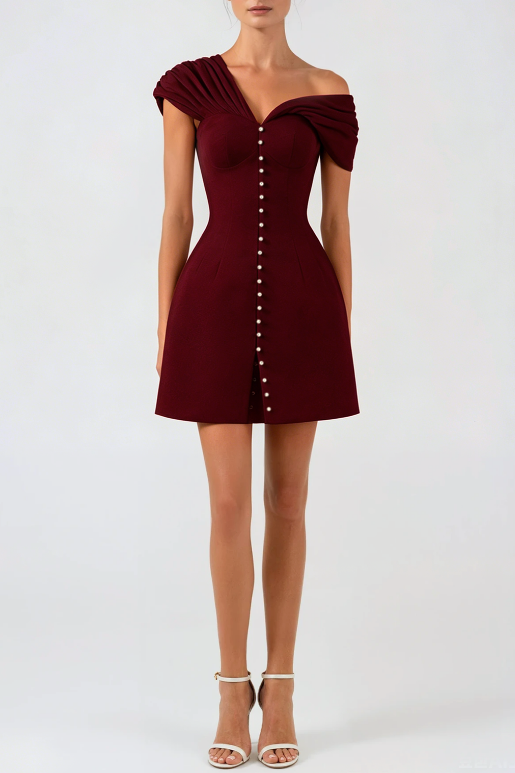 Flowering Girl Women Luzasa Off Shoulder Buttoned Mini Dress - Wine