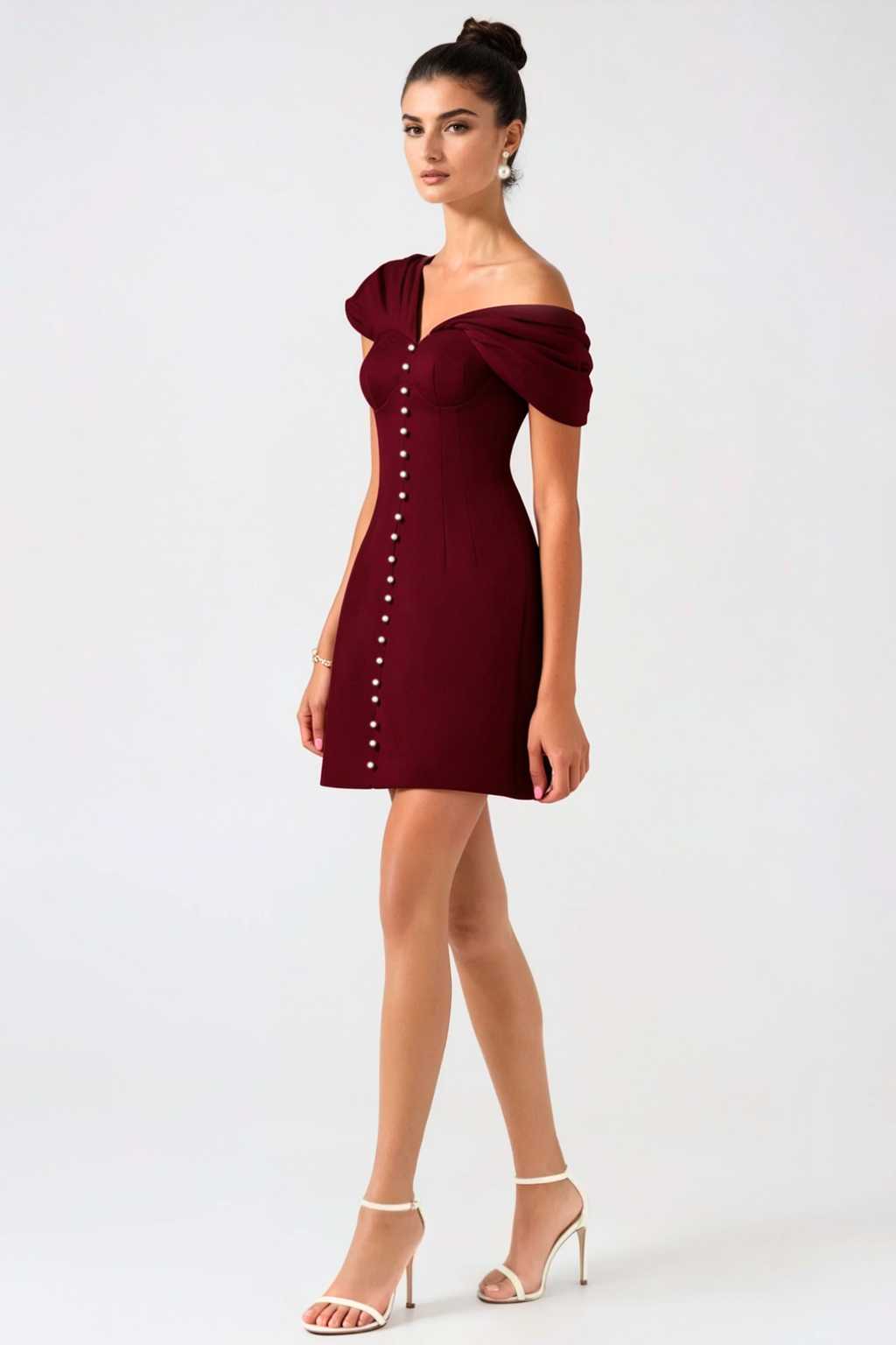 Flowering Girl Women Luzasa Off Shoulder Buttoned Mini Dress - Wine