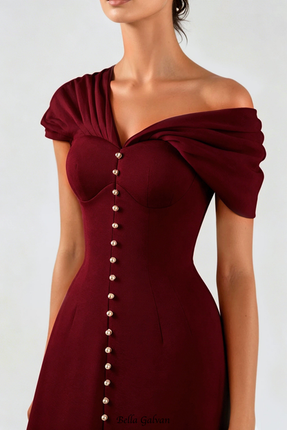 Luzasa Off Shoulder Buttoned Mini Dress - Wine