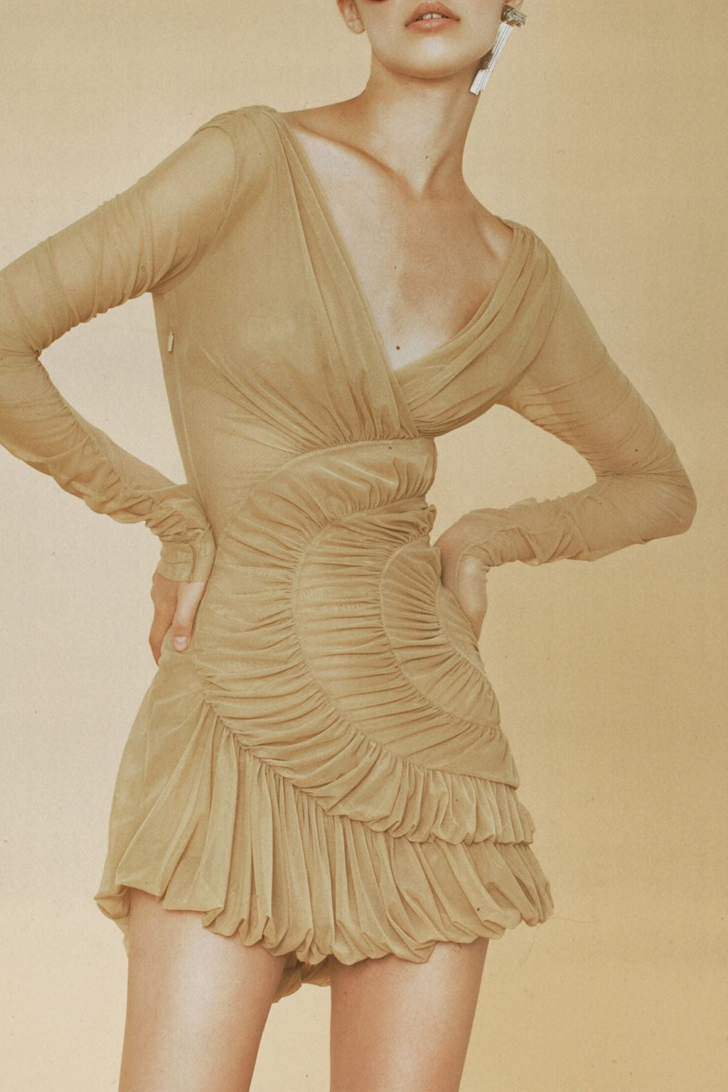 Lyre Mesh Shirred Mini Dress